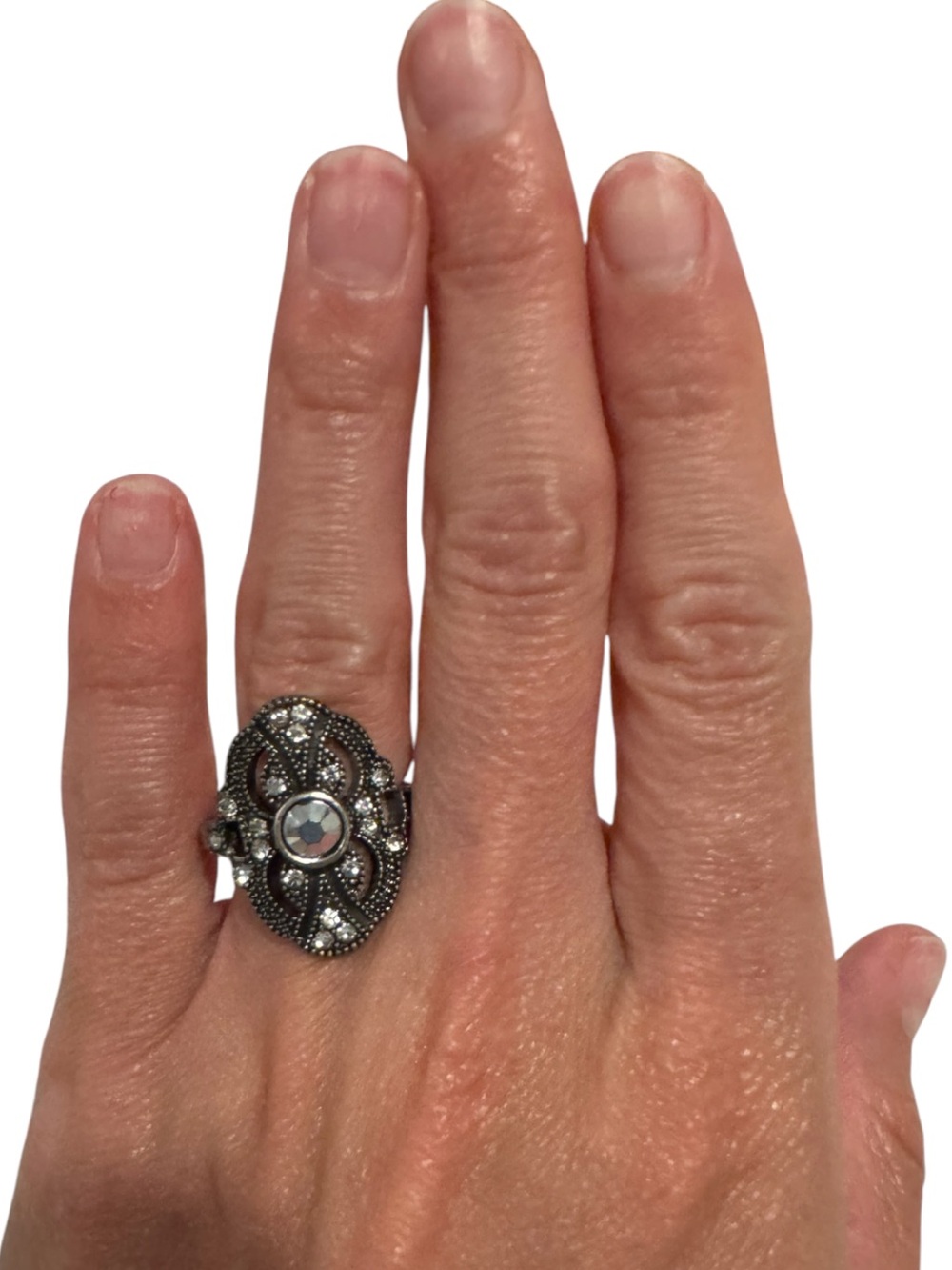 Antique-Style Silver Marcasite Oval Statement Ring - Silver
